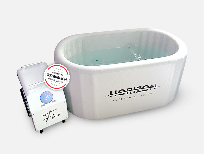 produktfoto mit qualitätssiegel vom horizon eisbad in grau mit wasser aufgefüllt und kühler angeschlossen